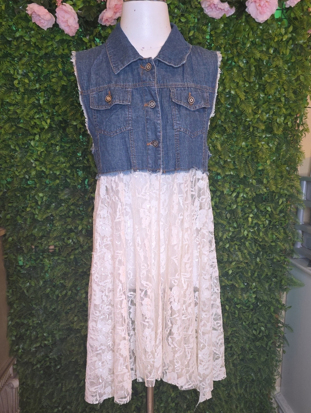 Denim Bodice Tunic with Cream Lace Skirt